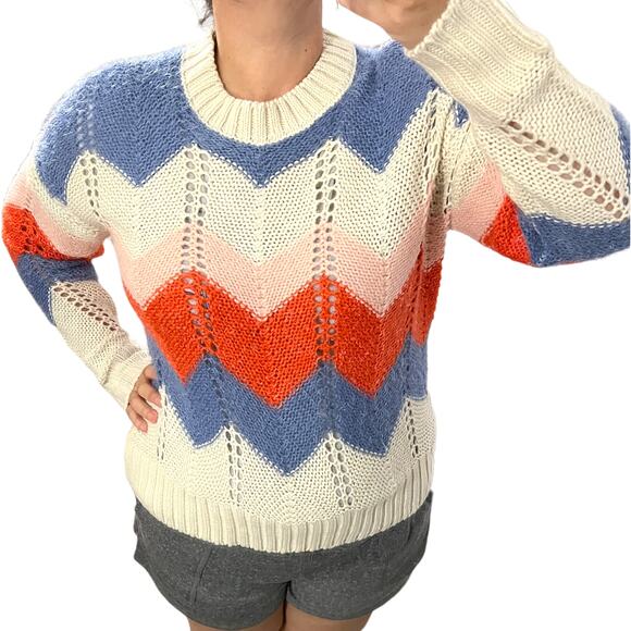 Vero Moda (L) Birch Chevron Colorblock Crochet Lightweight Sweater Crewneck - Picture 7 of 9